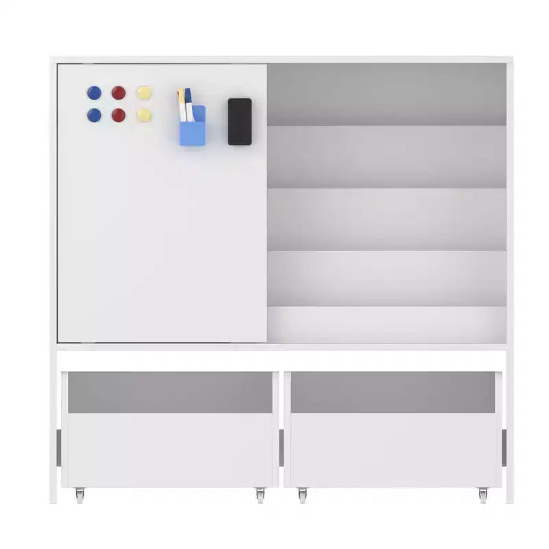 Famapy White Kids Storage Bookshelf Toy Storage Cabinet Sliding Door + Rolling Bins + Multi-Tier Shelves