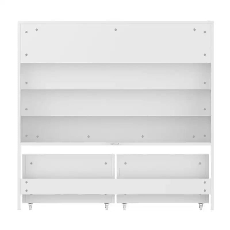 Famapy White Kids Storage Bookshelf Toy Storage Cabinet Sliding Door + Rolling Bins + Multi-Tier Shelves