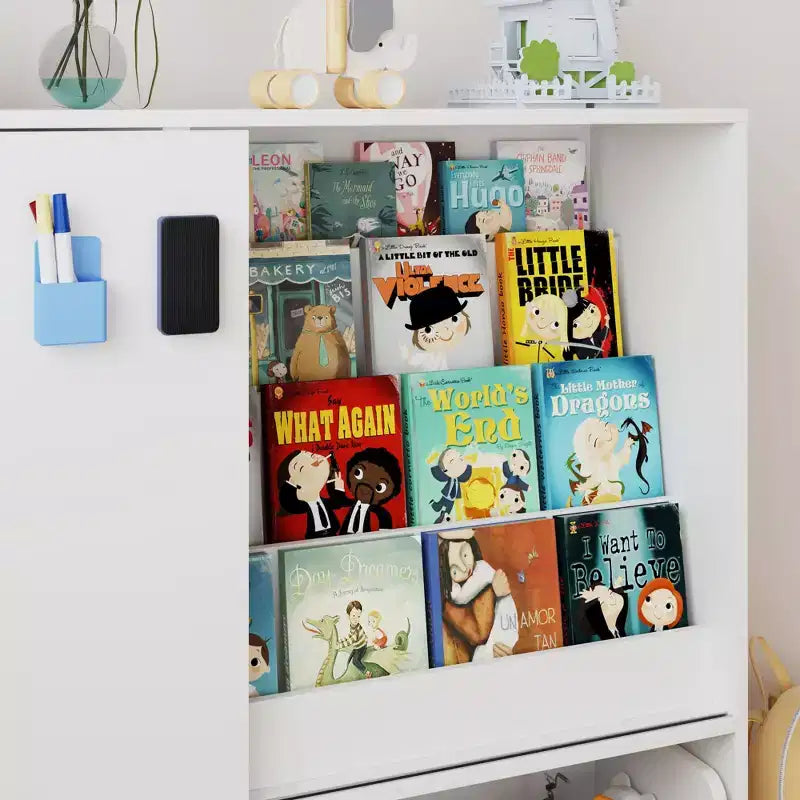 Famapy White Kids Storage Bookshelf Toy Storage Cabinet Sliding Door + Rolling Bins + Multi-Tier Shelves