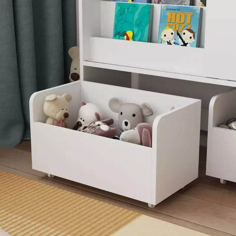 Famapy White Kids Storage Bookshelf Toy Storage Cabinet Sliding Door + Rolling Bins + Multi-Tier Shelves