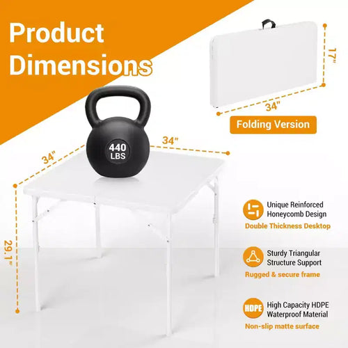 34'' Square Folding Card Table, Fold-in-Half Portable Dining Table with Handle and Safety Lock, Foldable Plastic Dining Tables for Camping Party