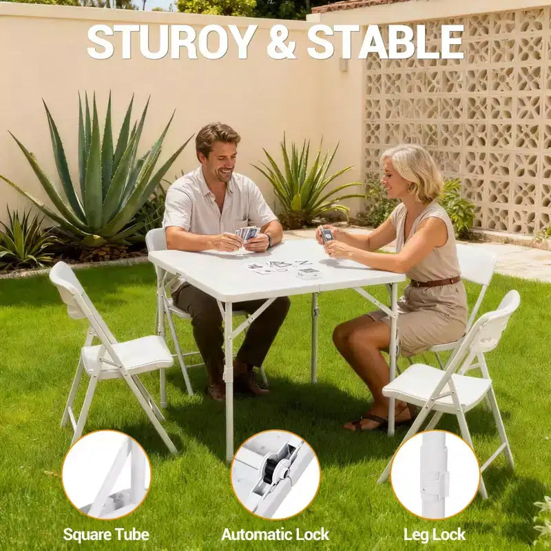 34'' Square Folding Card Table, Fold-in-Half Portable Dining Table with Handle and Safety Lock, Foldable Plastic Dining Tables for Camping Party