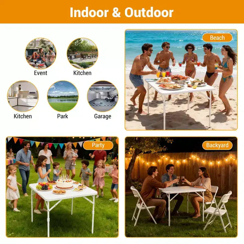 34'' Square Folding Card Table, Fold-in-Half Portable Dining Table with Handle and Safety Lock, Foldable Plastic Dining Tables for Camping Party