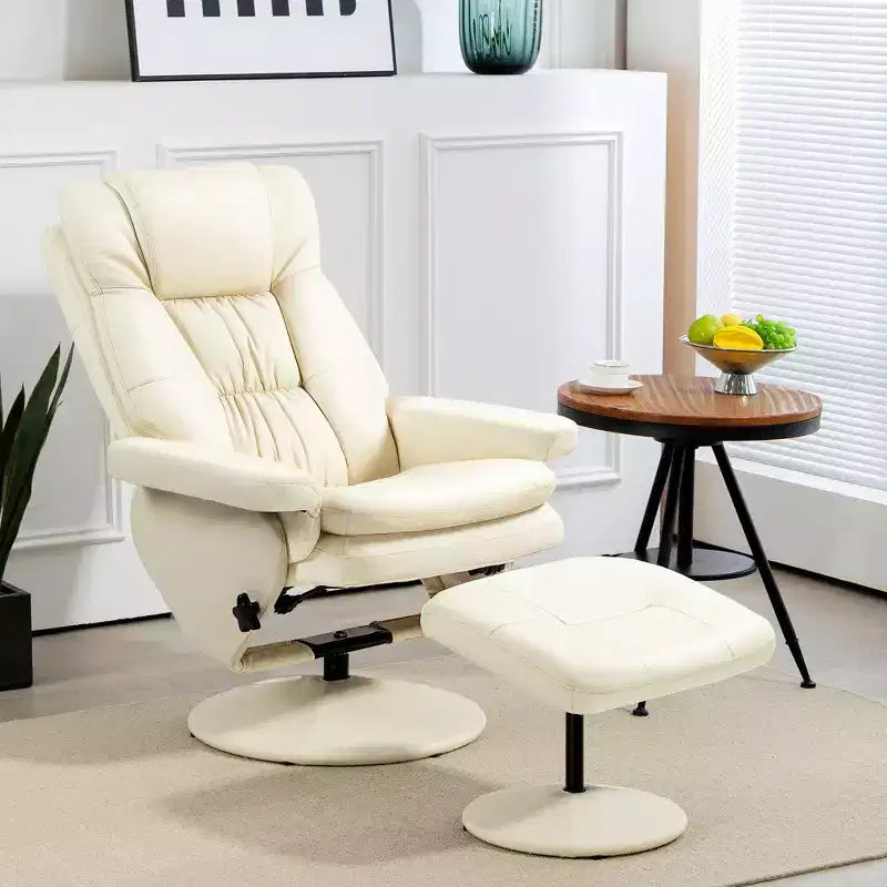 PU Leather Recliner Chair with Ottoman, Swivel Recliner and Ottoman with Round Wrapped Base for Living Room