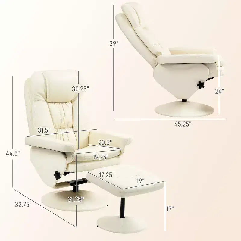 PU Leather Recliner Chair with Ottoman, Swivel Recliner and Ottoman with Round Wrapped Base for Living Room