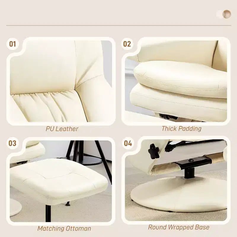 PU Leather Recliner Chair with Ottoman, Swivel Recliner and Ottoman with Round Wrapped Base for Living Room