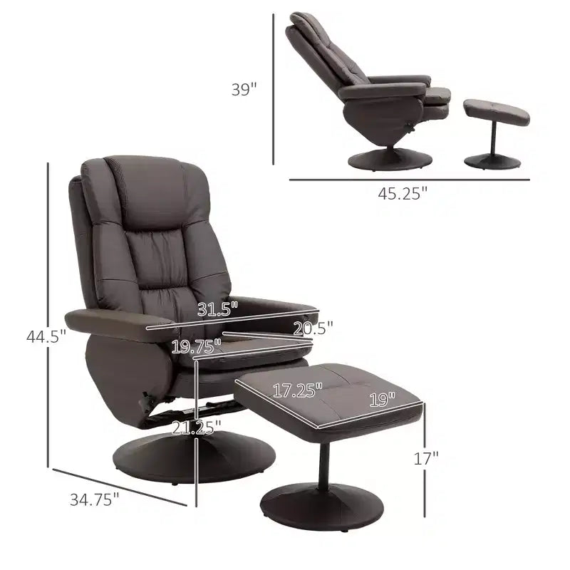 PU Leather Recliner Chair with Ottoman, Swivel Recliner and Ottoman with Round Wrapped Base for Living Room