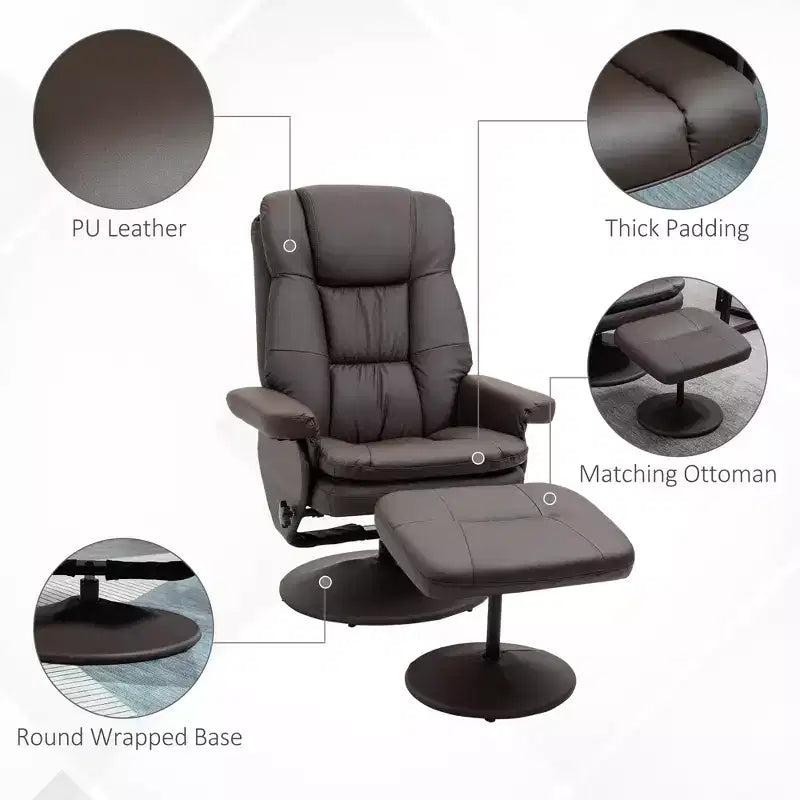 PU Leather Recliner Chair with Ottoman, Swivel Recliner and Ottoman with Round Wrapped Base for Living Room