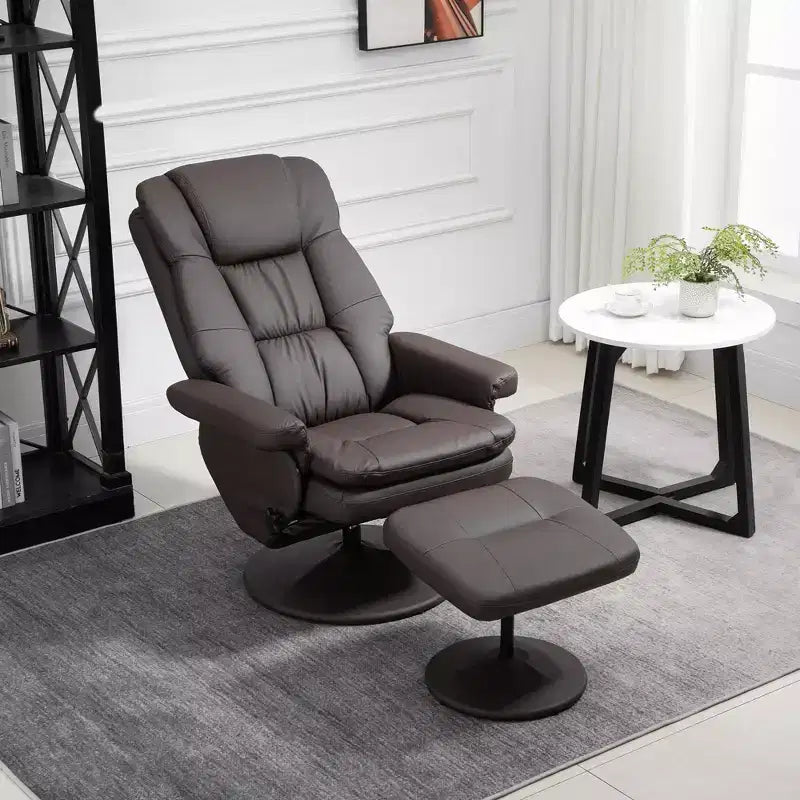 PU Leather Recliner Chair with Ottoman, Swivel Recliner and Ottoman with Round Wrapped Base for Living Room