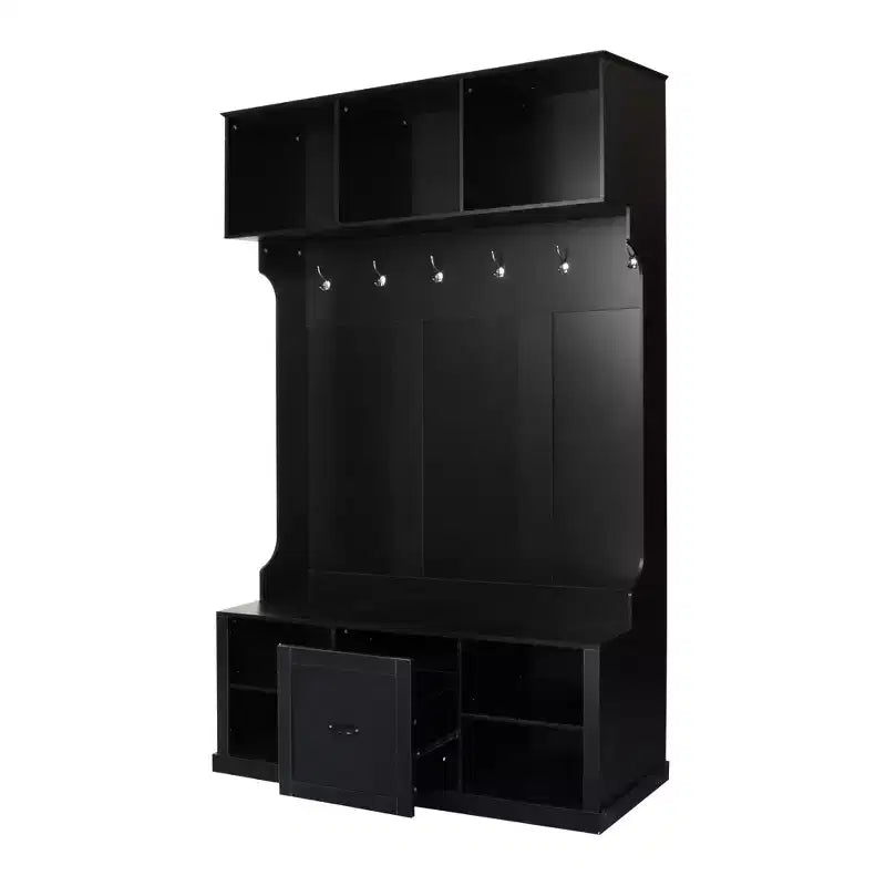 Okak Modern Hall Tree with 6 Hooks, Coat Rack with Bench and Spacious Drawer, Entryway Storage for Entrance, Living Room, Black