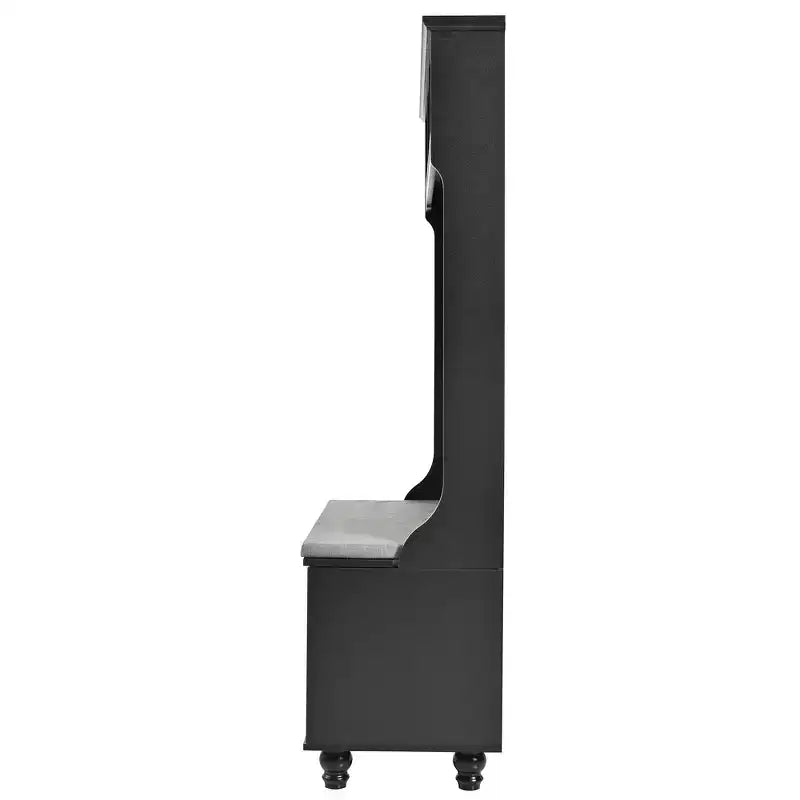 Okak 5-IN-1 Hall Tree with Shutter-Shaped Doors, Freestanding Coat Rack with Cushion and 4 Sturdy Hooks, Wide Coat Stand for Hallway, Black