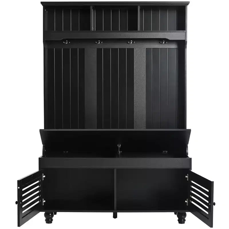 Okak 5-IN-1 Hall Tree with Shutter-Shaped Doors, Freestanding Coat Rack with Cushion and 4 Sturdy Hooks, Wide Coat Stand for Hallway, Black