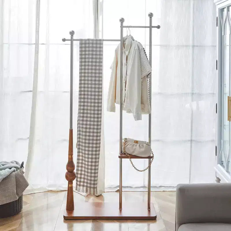 Okak Hall Tree with Wooden Shelves and Stainless Steel Frame, Industrial Coat Rack with Elegent Design, Coat Tree for Living Room, Bedroom, Silver