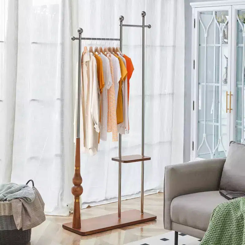 Okak Hall Tree with Wooden Shelves and Stainless Steel Frame, Industrial Coat Rack with Elegent Design, Coat Tree for Living Room, Bedroom, Silver