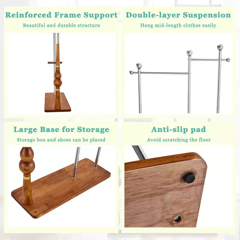 Okak Hall Tree with Wooden Shelves and Stainless Steel Frame, Industrial Coat Rack with Elegent Design, Coat Tree for Living Room, Bedroom, Silver
