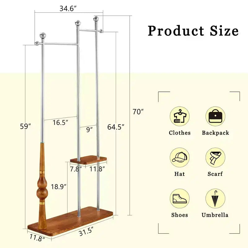Okak Hall Tree with Wooden Shelves and Stainless Steel Frame, Industrial Coat Rack with Elegent Design, Coat Tree for Living Room, Bedroom, Silver