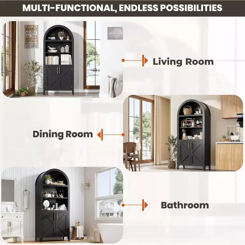 63'' Arched Bookcase with Adjustable Shelf, 5 Tier Farmhouse Pantry Bathroom Storage Cabinet with 2 Cross Doors, for Living Room, Bedroom, Kitchen