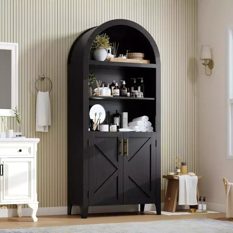 63'' Arched Bookcase with Adjustable Shelf, 5 Tier Farmhouse Pantry Bathroom Storage Cabinet with 2 Cross Doors, for Living Room, Bedroom, Kitchen