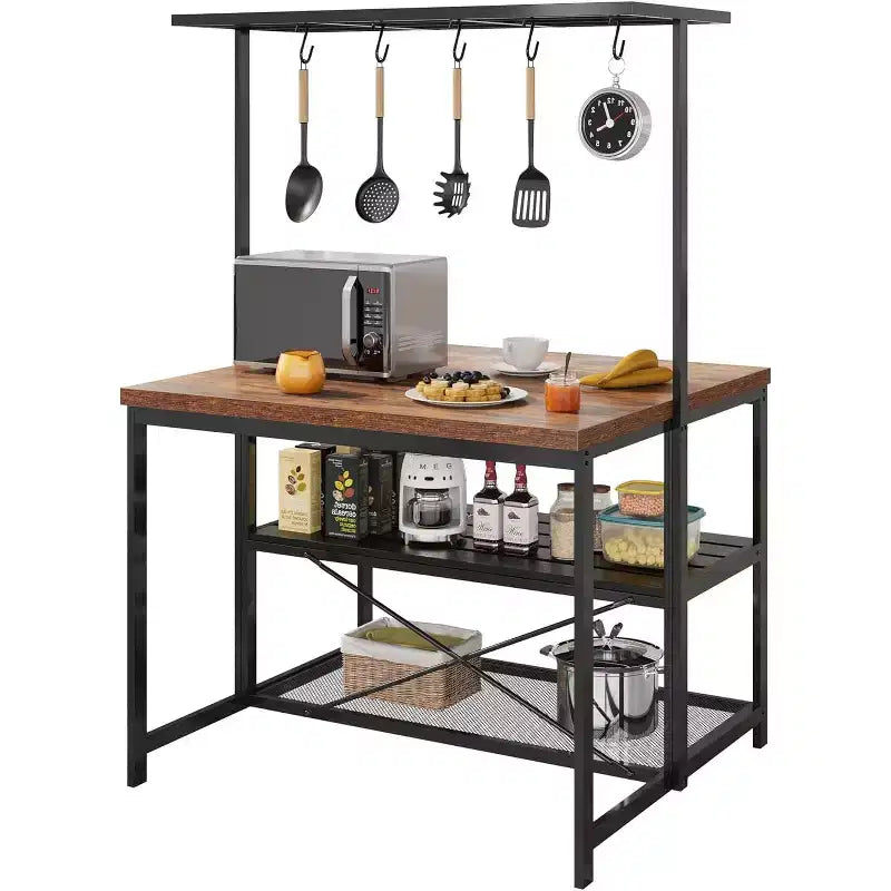 COZONY Kitchen Island with Power Outlets, Mobile Bakers Rack with 3 Shelves & Hooks