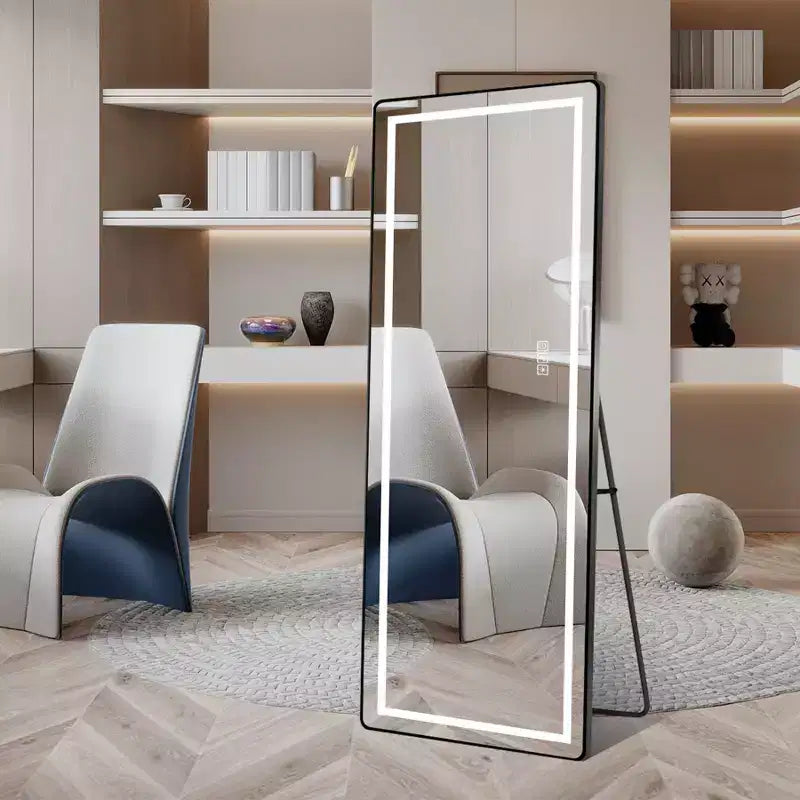 64 x 21 Inch Black Aluminum Alloy Thin Frame Full Length Mirror with LED Light, Illuminated Floor Mirror with Bracket for Bedroom