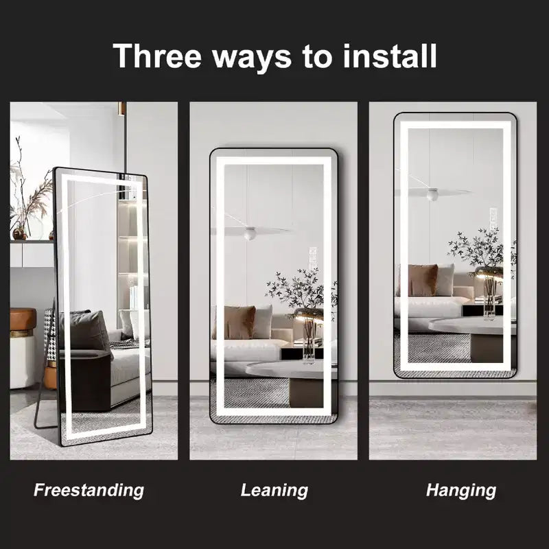 64 x 21 Inch Black Aluminum Alloy Thin Frame Full Length Mirror with LED Light, Illuminated Floor Mirror with Bracket for Bedroom