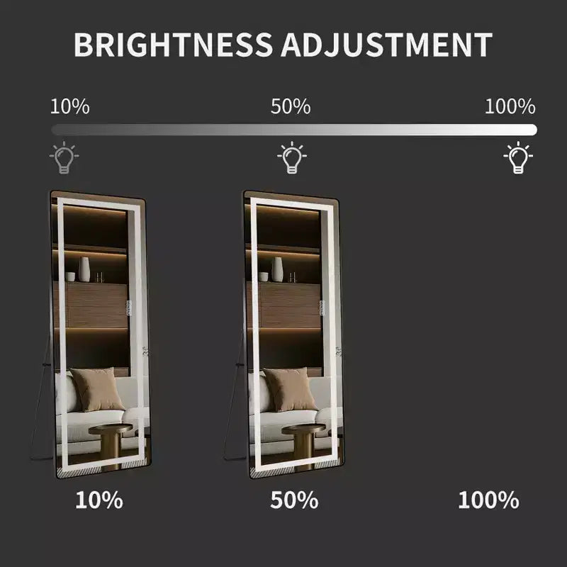 64 x 21 Inch Black Aluminum Alloy Thin Frame Full Length Mirror with LED Light, Illuminated Floor Mirror with Bracket for Bedroom