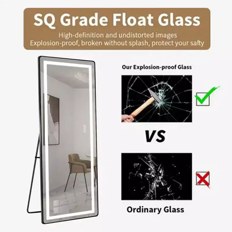 64 x 21 Inch Black Aluminum Alloy Thin Frame Full Length Mirror with LED Light, Illuminated Floor Mirror with Bracket for Bedroom