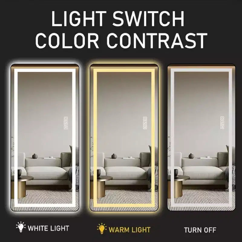 64 x 21 Inch Black Aluminum Alloy Thin Frame Full Length Mirror with LED Light, Illuminated Floor Mirror with Bracket for Bedroom