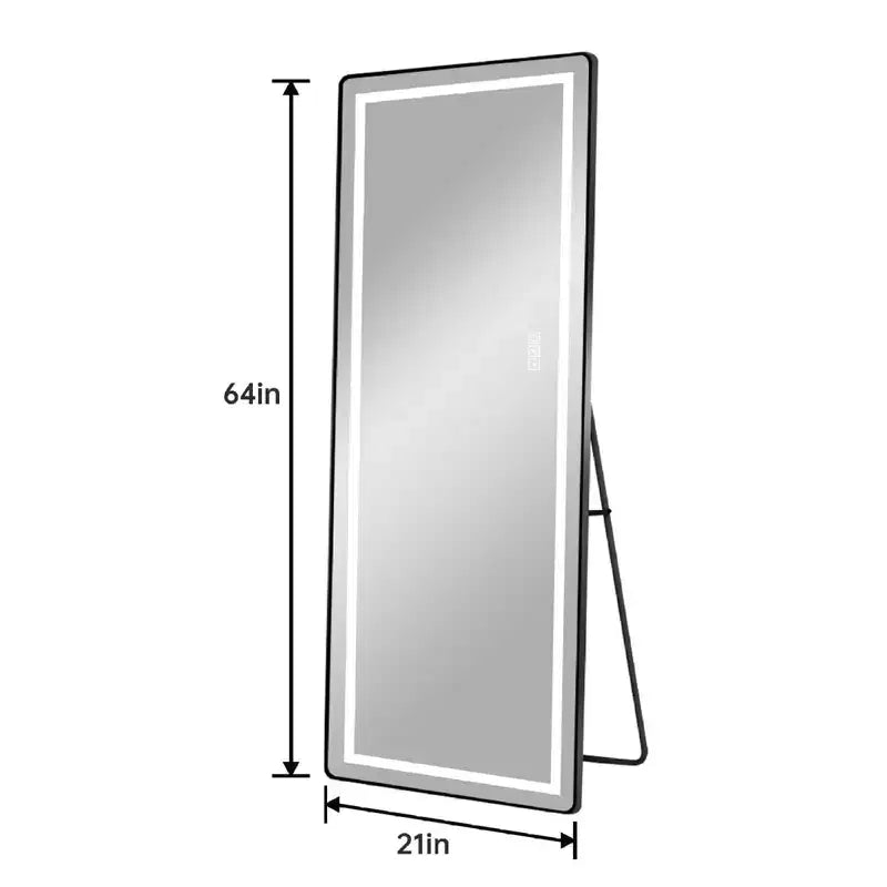 64 x 21 Inch Black Aluminum Alloy Thin Frame Full Length Mirror with LED Light, Illuminated Floor Mirror with Bracket for Bedroom