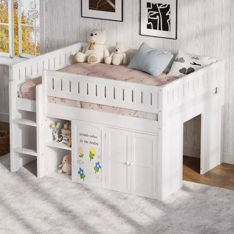 Full Size Loft Bed with Storage Cabinet & Chalkboard Panel, Kids/Teens Bedroom Bed Frame - ModernLuxe