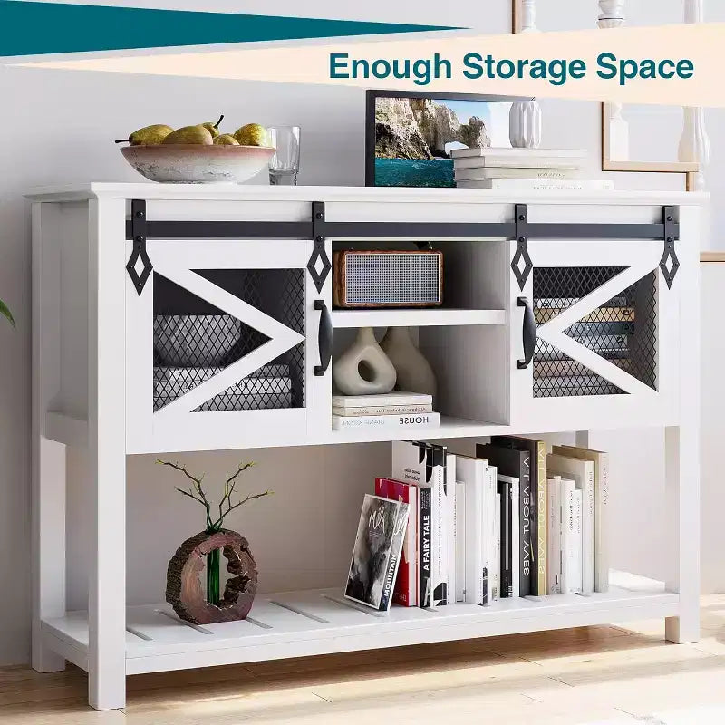 COZONY Farmhouse Entryway Table with Sliding Barn Doors, Industrial Console Table with Storage