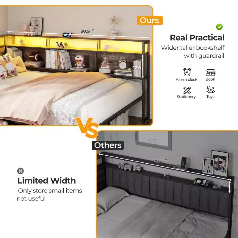 Full Size Corner Bed Frame with LED Lights and Storage Bookcase Built in Charging Station Upholstered Daybed with 3 Drawers No Box Spring Needed Gray