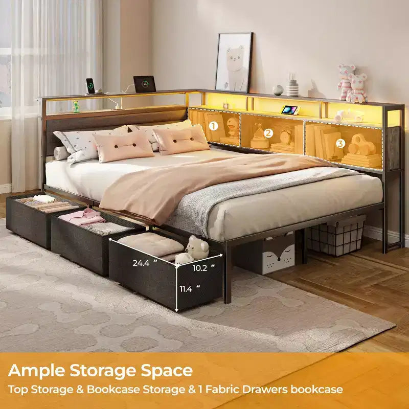 Full Size Corner Bed Frame with LED Lights and Storage Bookcase Built in Charging Station Upholstered Daybed with 3 Drawers No Box Spring Needed Gray