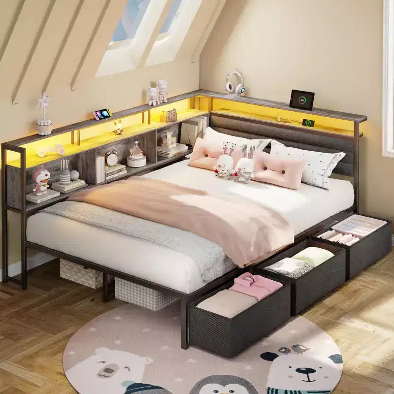 Full Size Corner Bed Frame with LED Lights and Storage Bookcase Built in Charging Station Upholstered Daybed with 3 Drawers No Box Spring Needed Gray