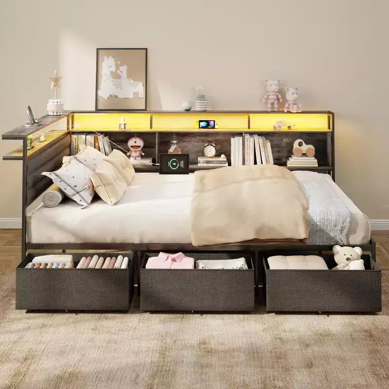 Full Size Corner Bed Frame with LED Lights and Storage Bookcase Built in Charging Station Upholstered Daybed with 3 Drawers No Box Spring Needed Gray