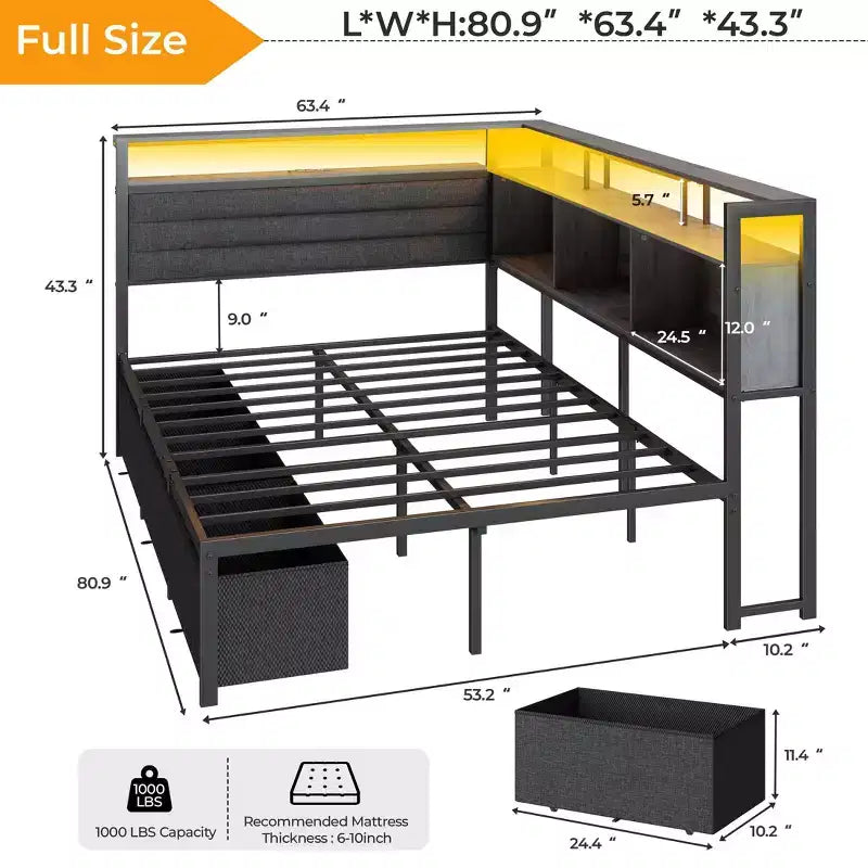 Full Size Corner Bed Frame with LED Lights and Storage Bookcase Built in Charging Station Upholstered Daybed with 3 Drawers No Box Spring Needed Gray