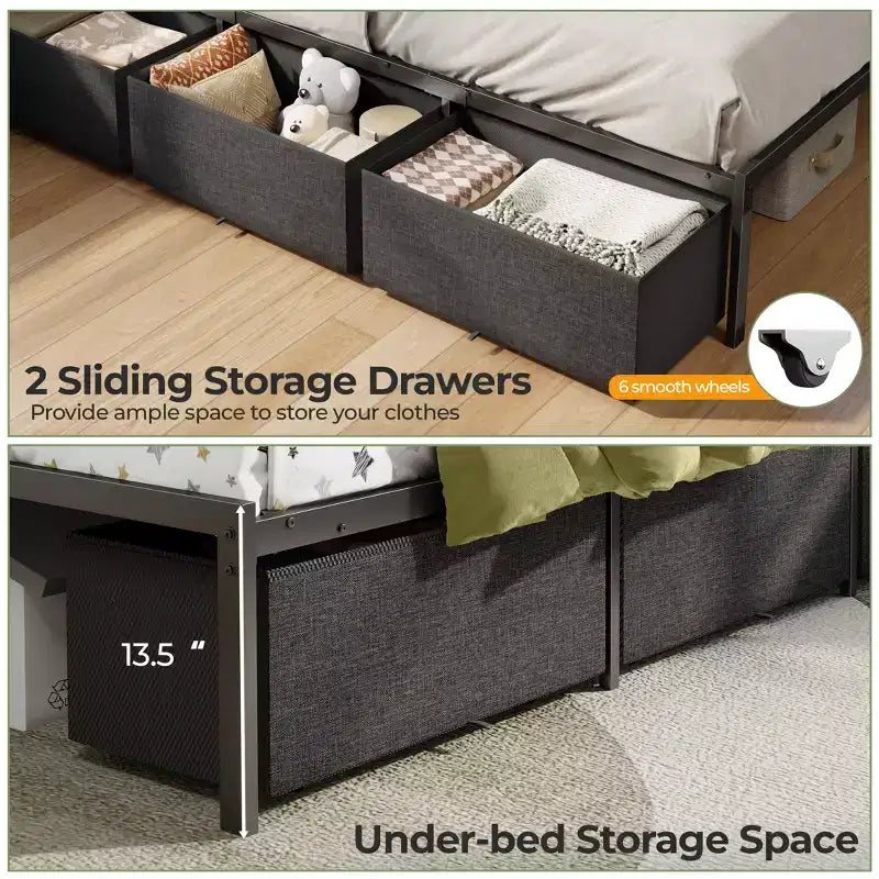 Full Size Corner Bed Frame with LED Lights and Storage Bookcase Built in Charging Station Upholstered Daybed with 3 Drawers No Box Spring Needed Gray