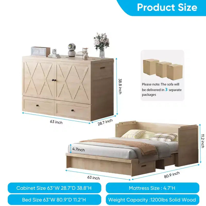 Mjkone Queen Size Murphy Bed with Charging Station & Storage Drawer,Space-Saving Design,Optional Mattress