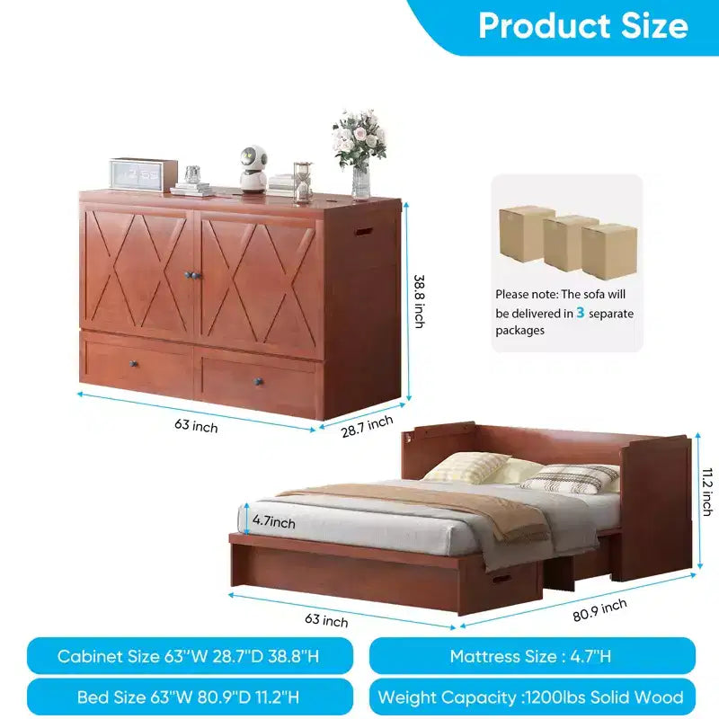 Mjkone Queen Size Murphy Bed with Charging Station & Storage Drawer,Space-Saving Design,Optional Mattress