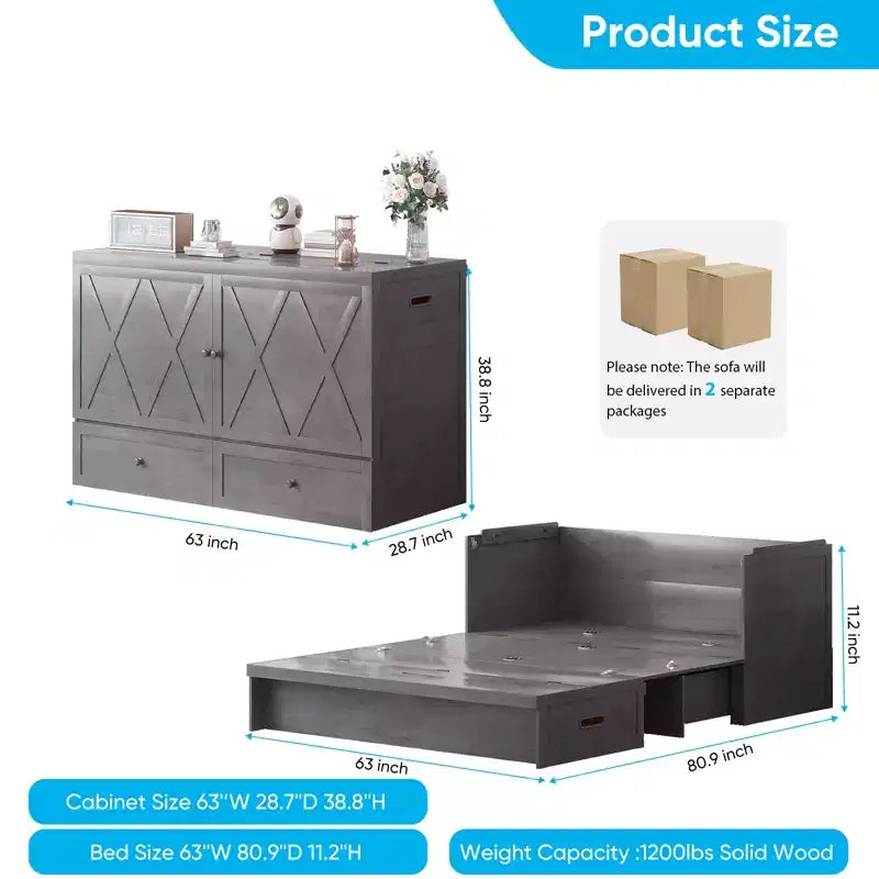 Mjkone Queen Size Murphy Bed with Charging Station & Storage Drawer,Space-Saving Design,Optional Mattress