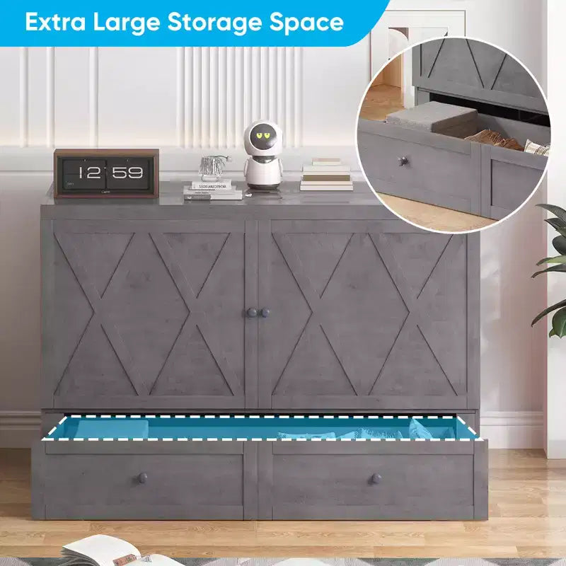 Mjkone Queen Size Murphy Bed with Charging Station & Storage Drawer,Space-Saving Design,Optional Mattress