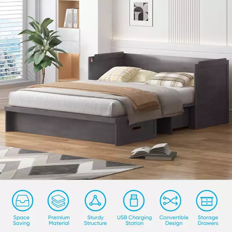 Mjkone Queen Size Murphy Bed with Charging Station & Storage Drawer,Space-Saving Design,Optional Mattress