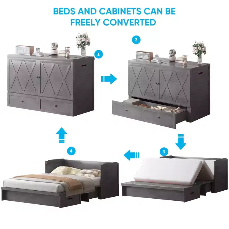 Mjkone Queen Size Murphy Bed with Charging Station & Storage Drawer,Space-Saving Design,Optional Mattress