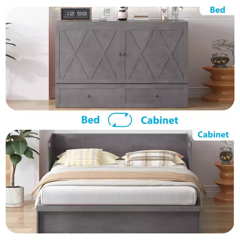 Mjkone Queen Size Murphy Bed with Charging Station & Storage Drawer,Space-Saving Design,Optional Mattress
