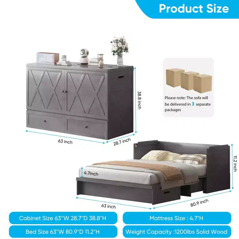 Mjkone Queen Size Murphy Bed with Charging Station & Storage Drawer,Space-Saving Design,Optional Mattress