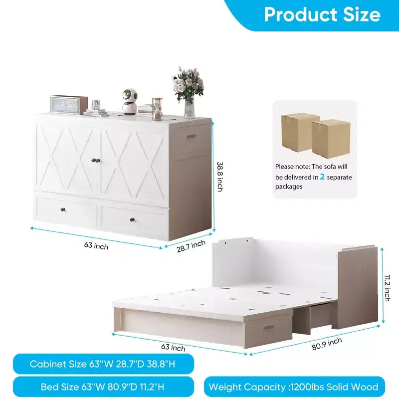 Mjkone Queen Size Murphy Bed with Charging Station & Storage Drawer,Space-Saving Design,Optional Mattress