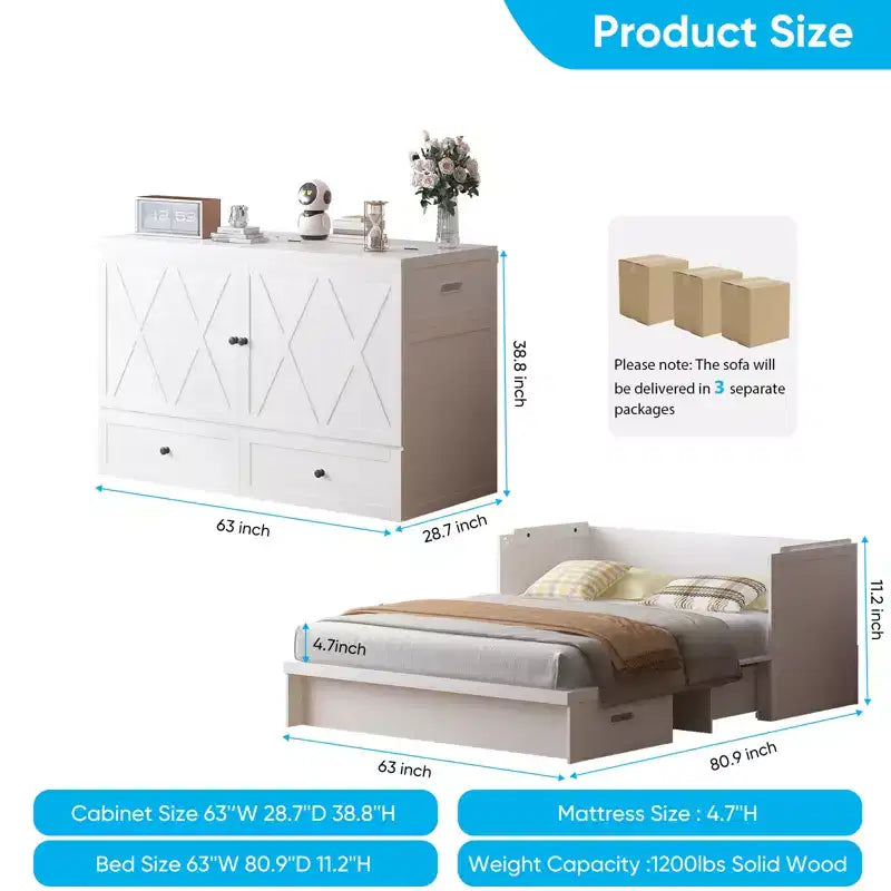 Mjkone Queen Size Murphy Bed with Charging Station & Storage Drawer,Space-Saving Design,Optional Mattress