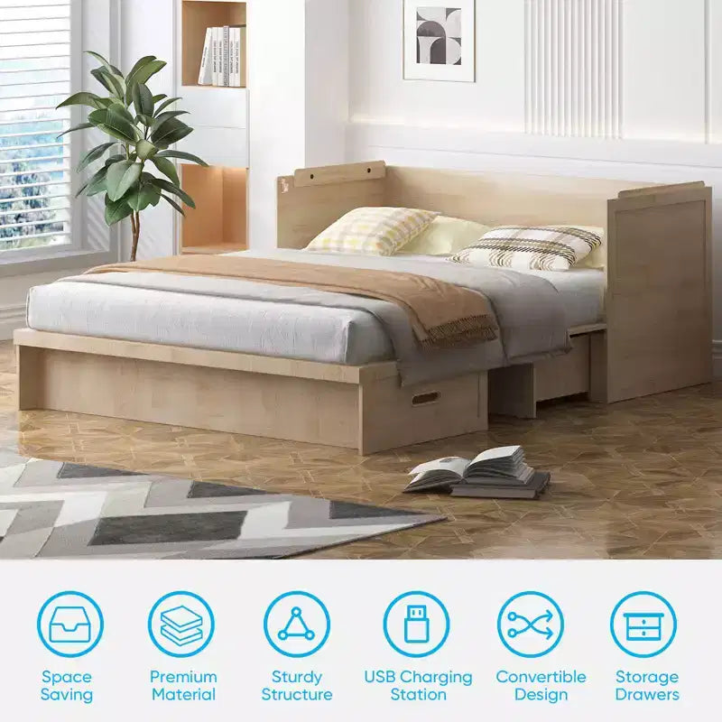 Mjkone Queen Size Murphy Bed with Charging Station & Storage Drawer,Space-Saving Design,Optional Mattress