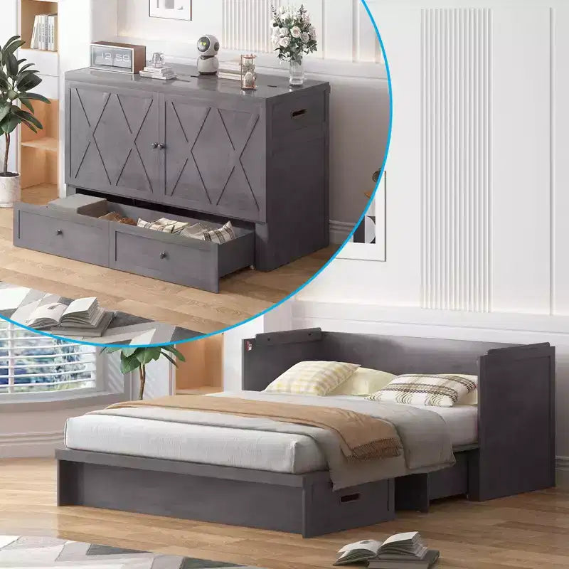 Mjkone Queen Size Murphy Bed with Charging Station & Storage Drawer,Space-Saving Design,Optional Mattress