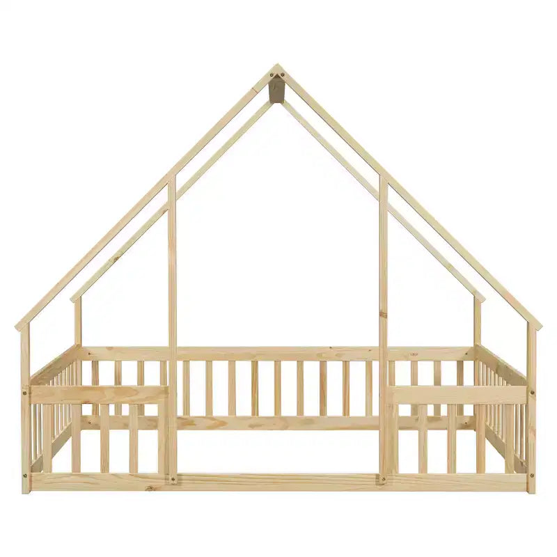 Zeus & Ruta Full Wood House-Shaped Floor Bed with Fence, Guardrails